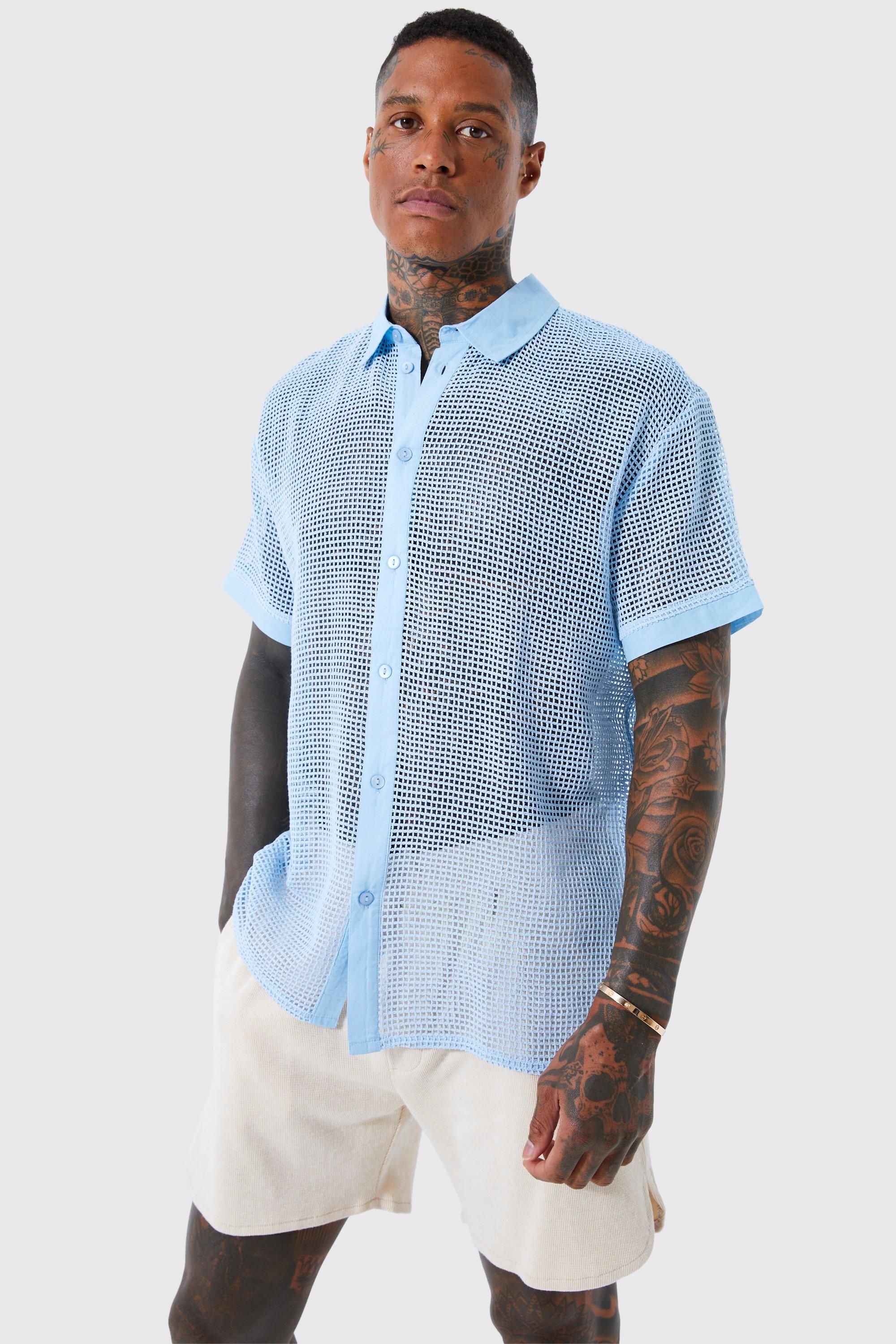 Short Sleeve Open Weave Oversized Shirt | boohooMAN (US & CA)