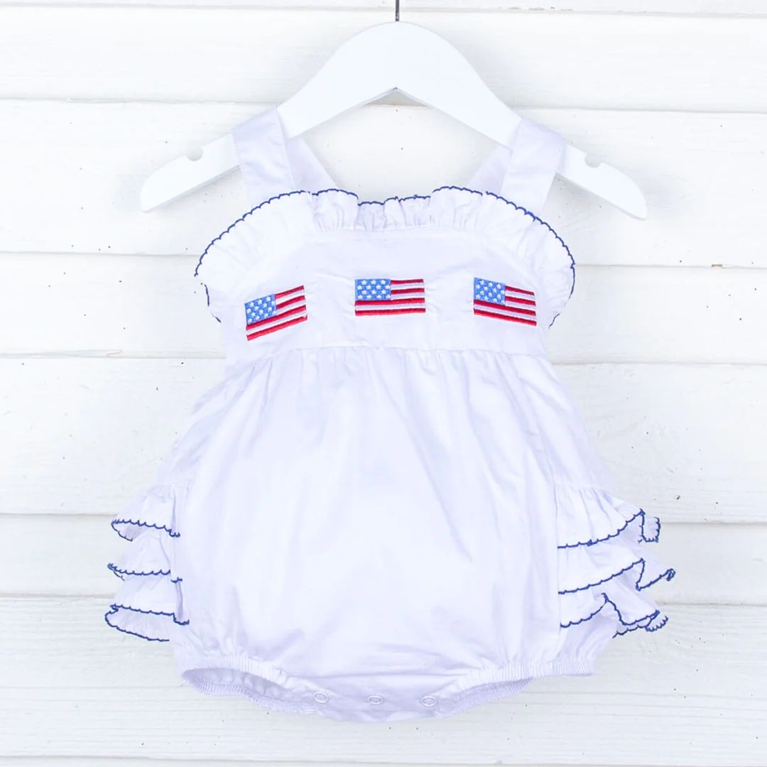 Patriotic Flag Embroidered White Ruffle Bubble | Classic Whimsy