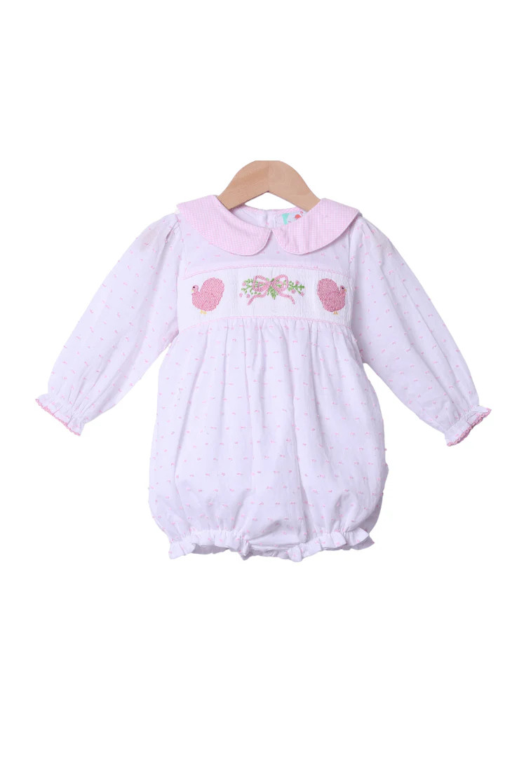 Smocked Classic Turkey Pink Swiss Dot Bow Bubble | The Smocked Flamingo