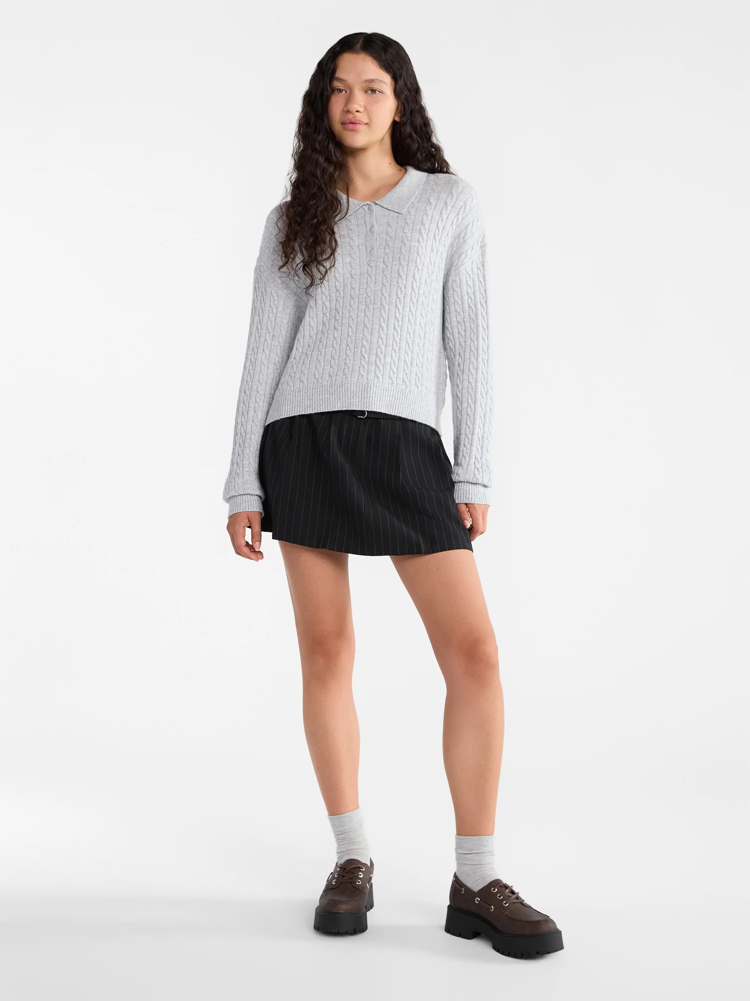 No Boundaries Cable Knit Collared Pullover, Women's | Walmart (US)