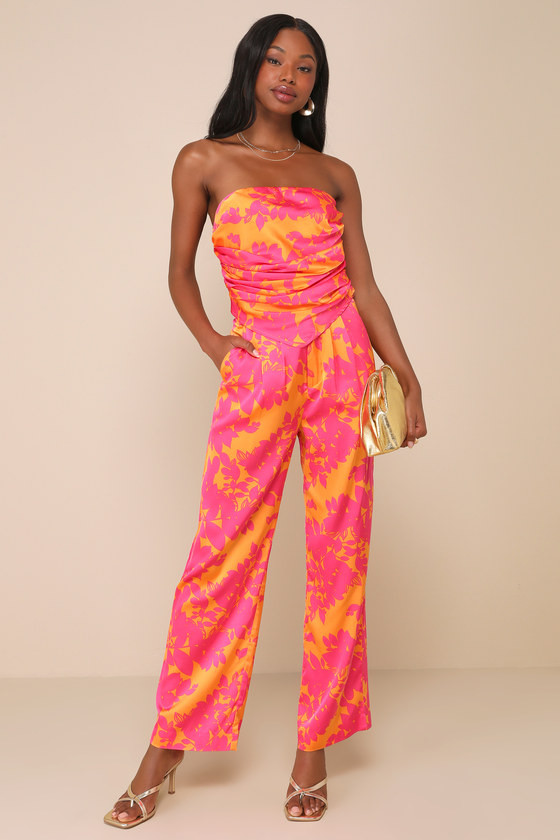Instinctive Glam Pink and Orange Floral Straight Leg Pants | Lulus