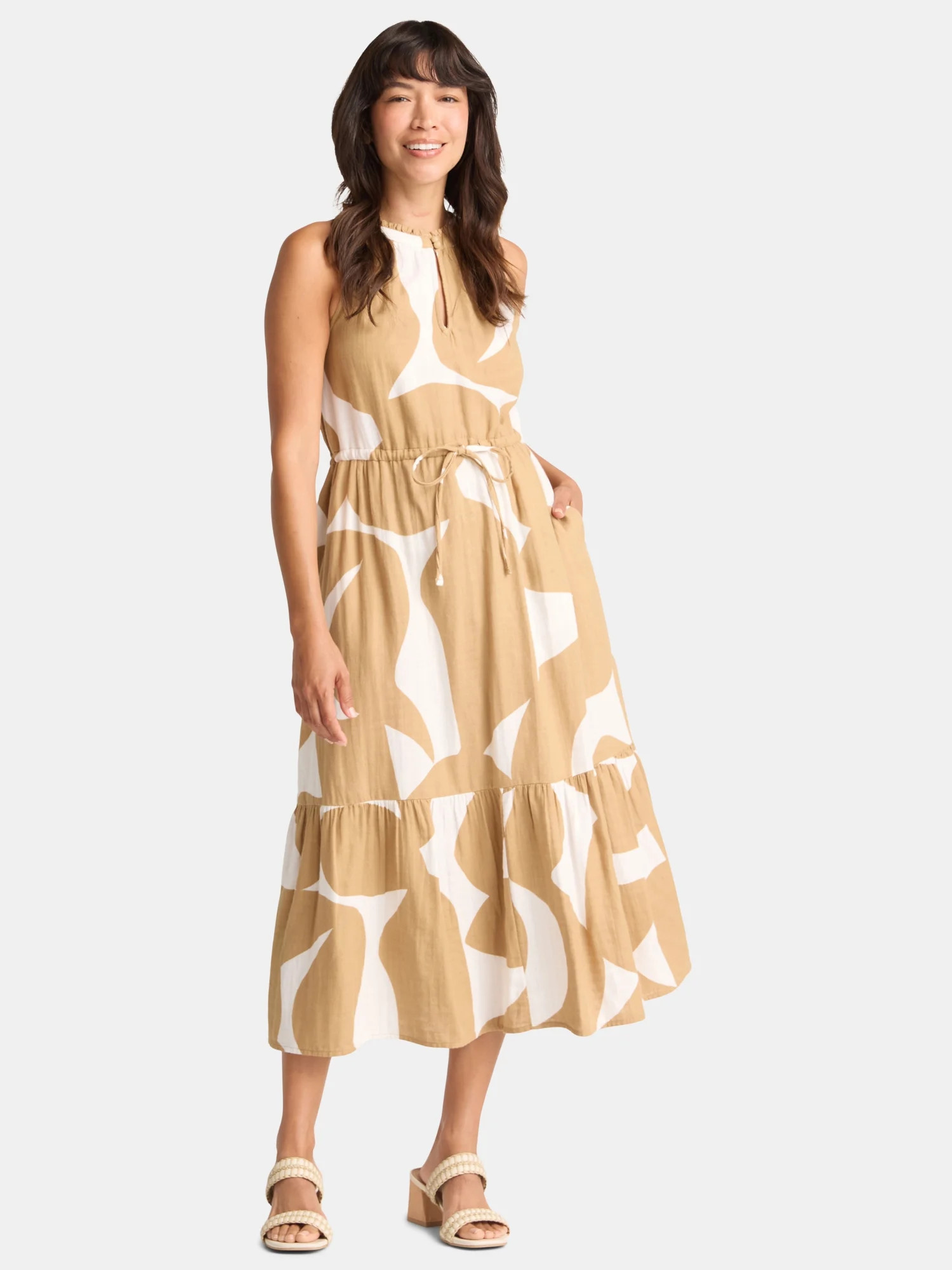 Time and Tru Women's Cotton Double Cloth Tiered Midi Dress, Sizes XS-XXXL | Walmart (US)
