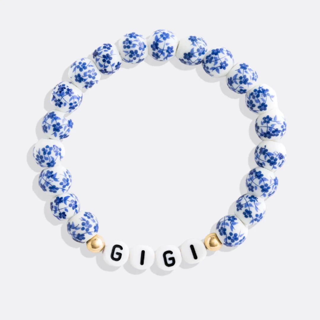 Custom Blue Porcelain Floral Beaded Name Bracelet | Mint & Lily
