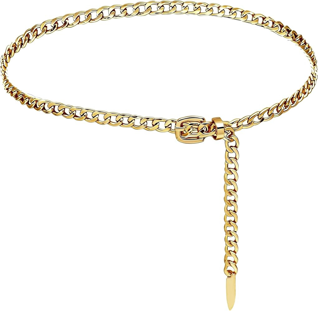 Gold Chain Belt for Women, Metal Cuban Link Waist Belt with Adjustable Buckle, Fashion Chunky Cha... | Amazon (US)