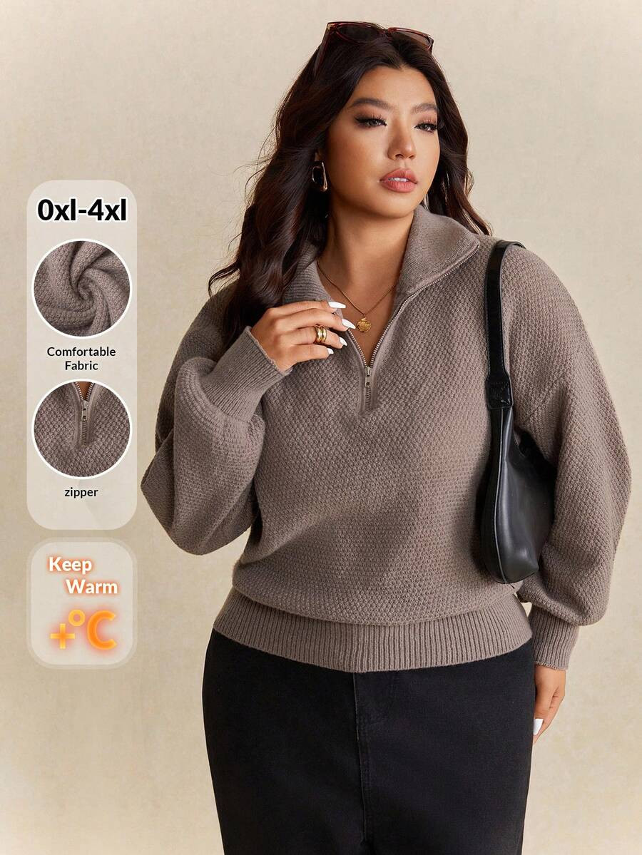 Elaquor Plus Size Casual Minimalist Basic Homewear Relaxed Solid Color Half Zip Up Knit Sweater, ... | SHEIN