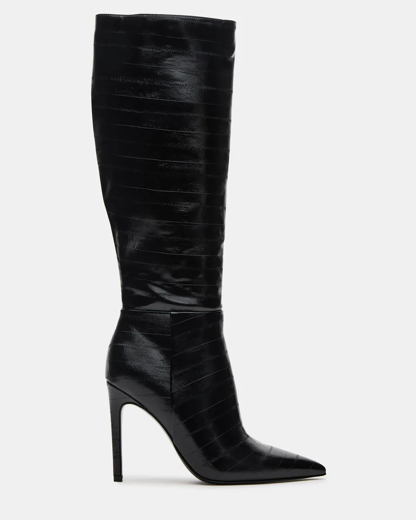 NITRO Black Eel Wide Calf Pointed-Toe Stiletto Heel Knee-High Women's Boots | Steve Madden (US)