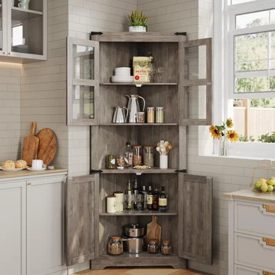 67" Tall Farmhouse Corner Storage Cabinet with Glass Doors – LED Lighting – Wooden Display Hutch for Kitchen, Living Room, Bathroom, Entryway Organize | Wayfair North America