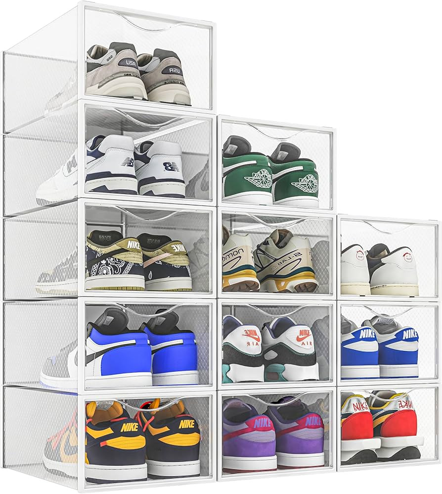 12 Pack Shoe Storage Bins, Clear Plastic Stackable Shoe Organizer for Closet, Space Saving Foldab... | Amazon (US)