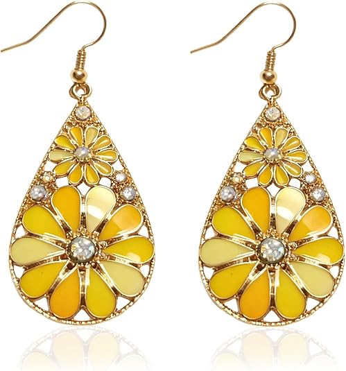 Bohemian Crystal Teardrop Pendant Earring,Vintage Olive Green Hollow Out Flower Floral Dangle Ear... | Amazon (US)