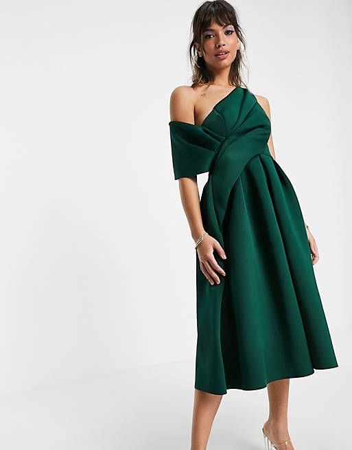 ASOS DESIGN bare shoulder prom midi dress in forest green | ASOS (Global)