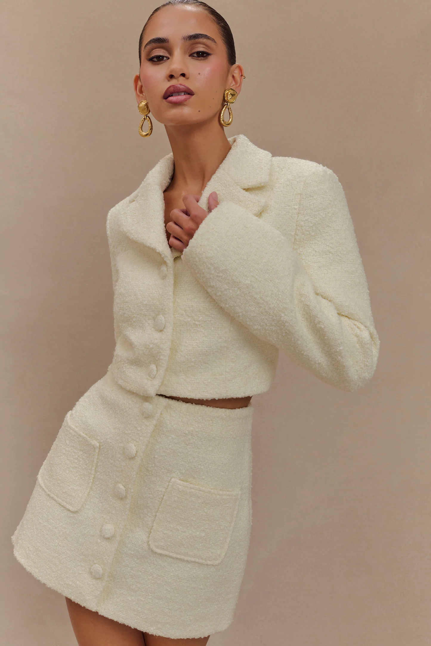 Textured Boucle Cropped Long Sleeve Top - Ivory | MESHKI US