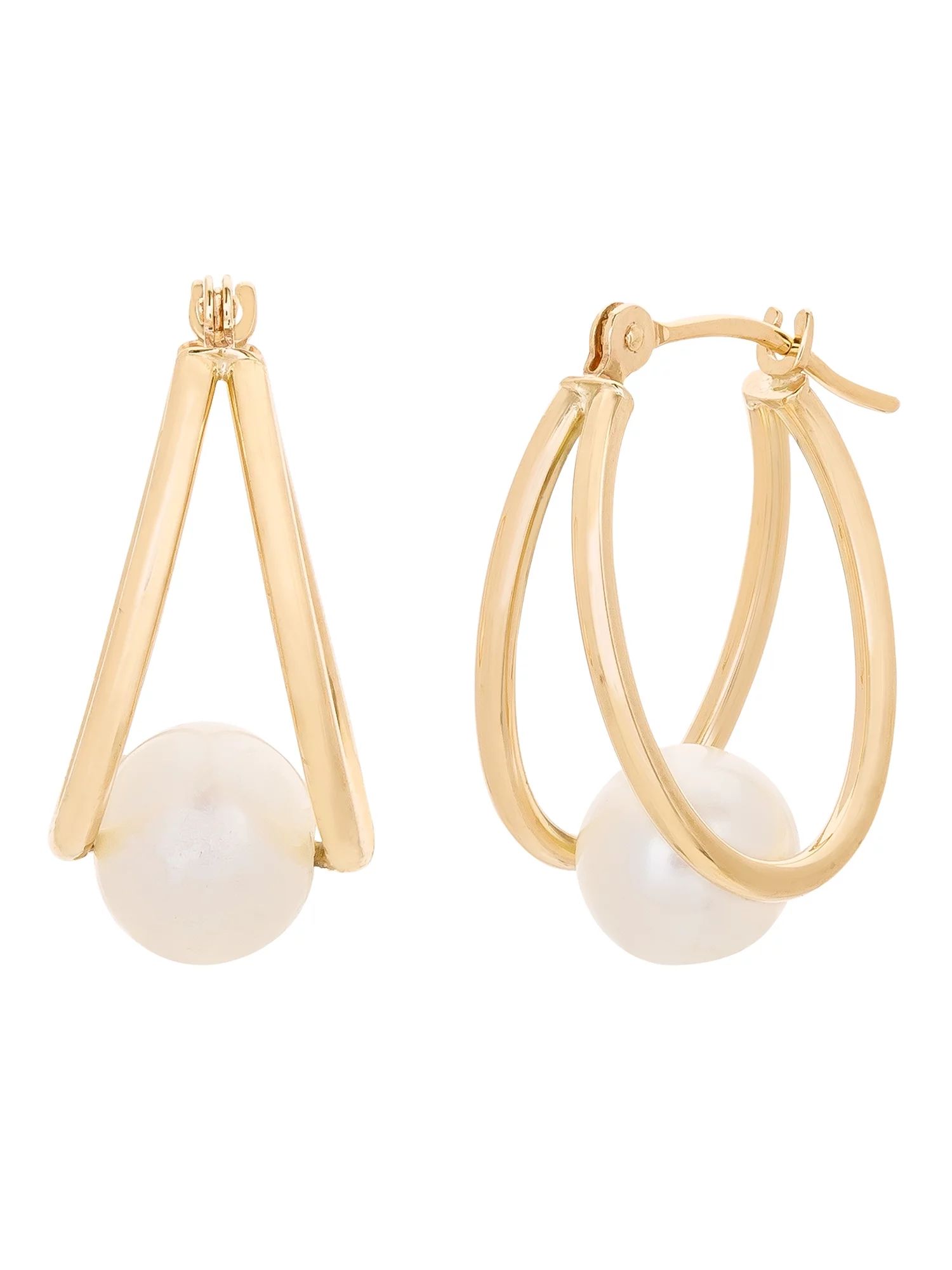 Brilliance Fine Jewelry Women’s 14K Yellow Gold White Pearl Captured Hoop Earrings | Walmart (US)