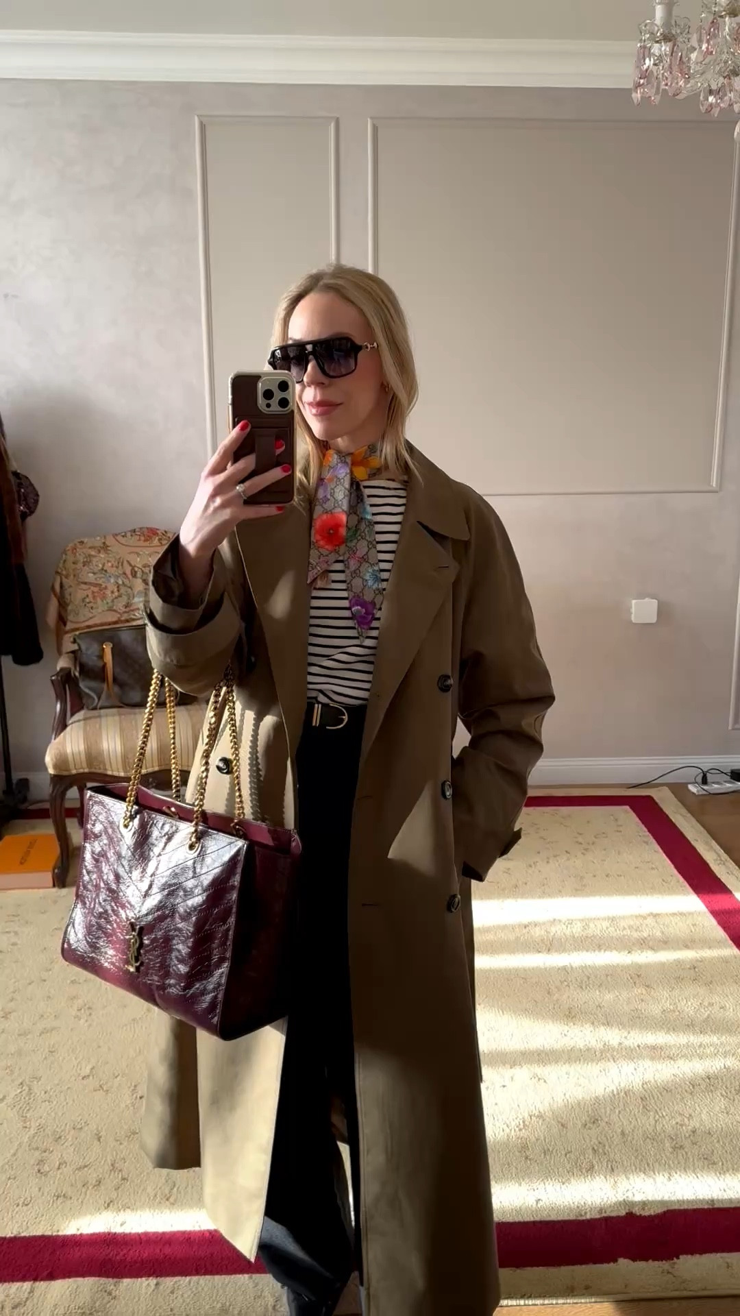 Good morning! Workwear look of the day ☀️ 

Business casual, trench coat, striped top, Gucci floral print scarf, @abercrombie trousers, burgundy YSL tote bag 

#LTKootd #LTKWorkwear #LTKOver40