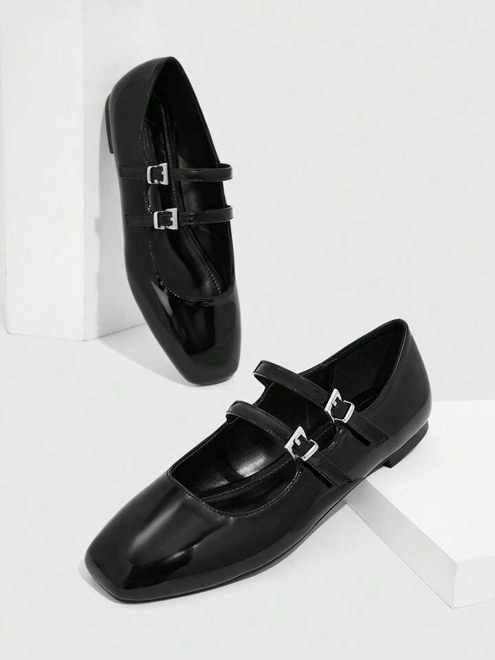 CUCCOO Basic Mulheres Decoração De Fivela Dedo Do Pé Quadrado Sapatilhas Flats , Formal Preto ... | SHEIN
