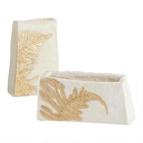 White and Gold Resin Embossed Fern Vase | World Market