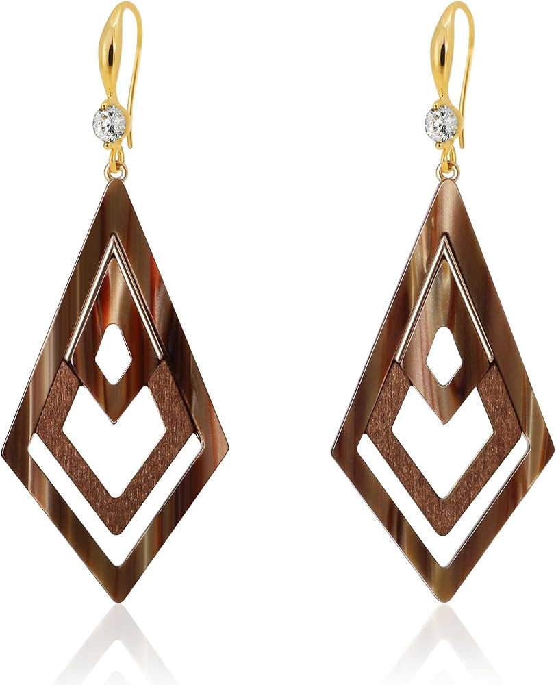 Ozel - Natural Wooden Acrylic Boho Drop Dangle Earrings for Women - Geometric Statement Jewellery... | Amazon (US)