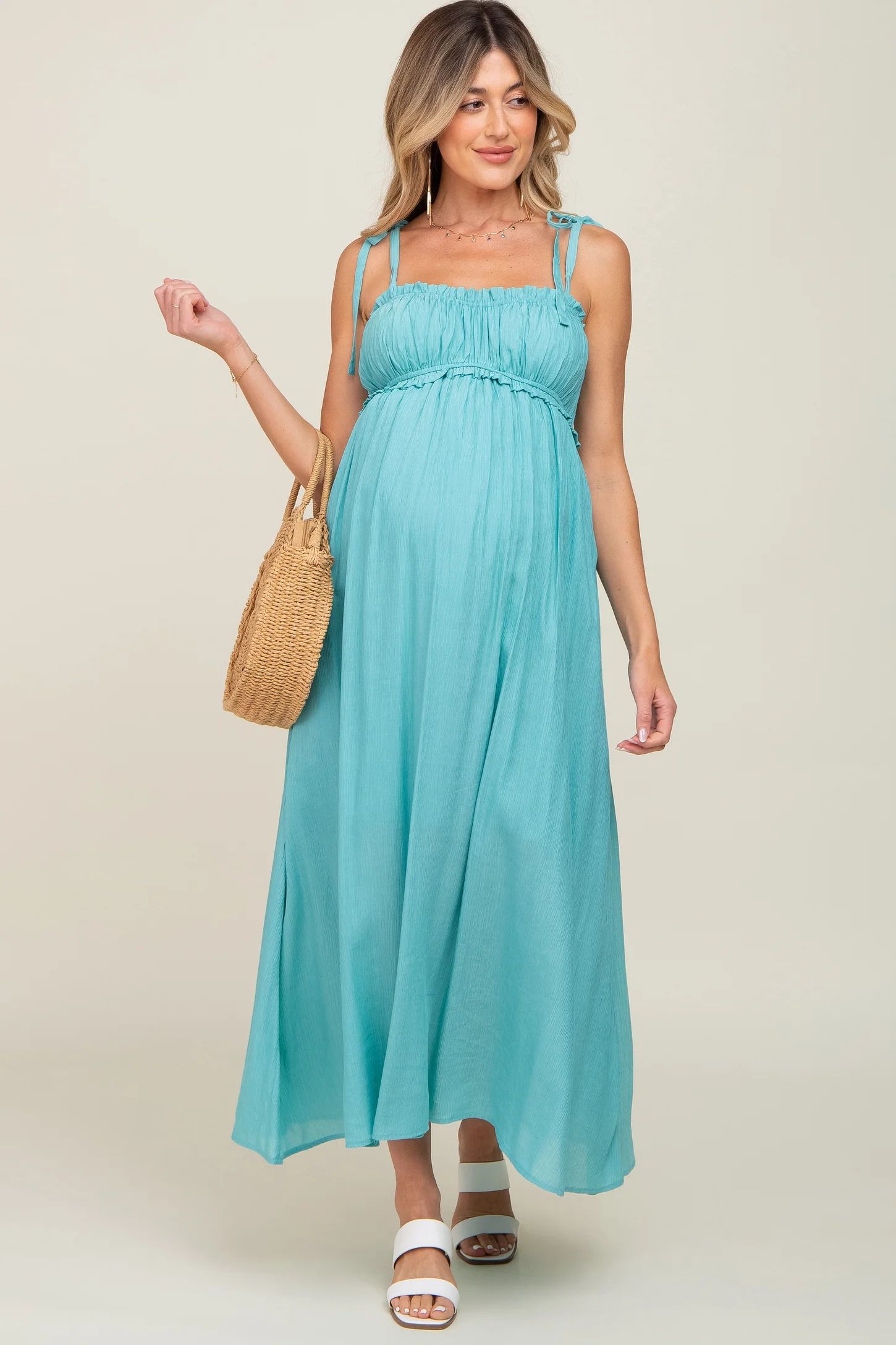 Turquoise Sleeveless Ruffle Trim Maternity Maxi Dress | PinkBlush Maternity