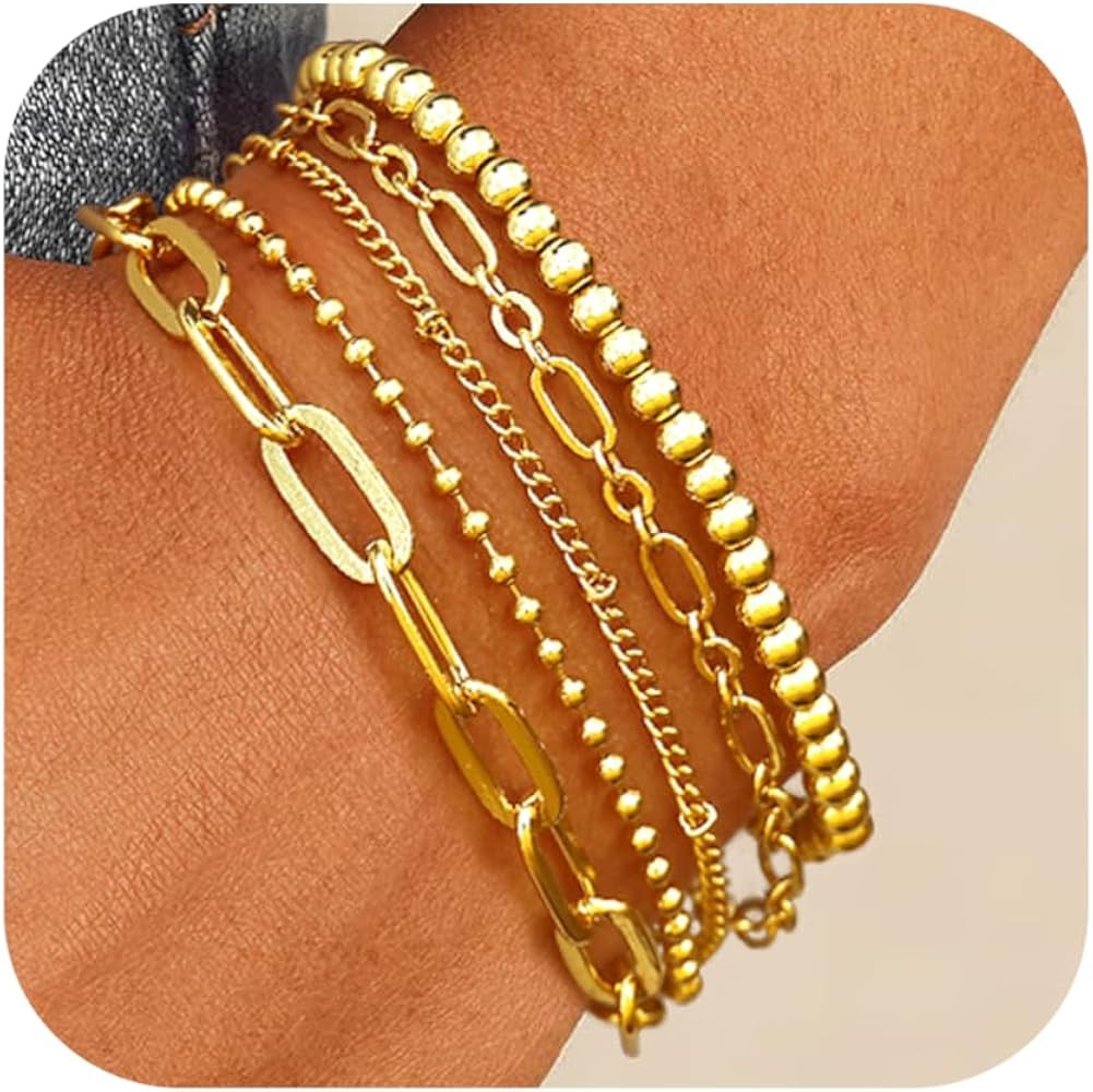 CONRAN KREMIX Gold Bracelet Sets for Women Girls 14K Real Gold Chain Dainty Link Paperclip Bracel... | Amazon (US)