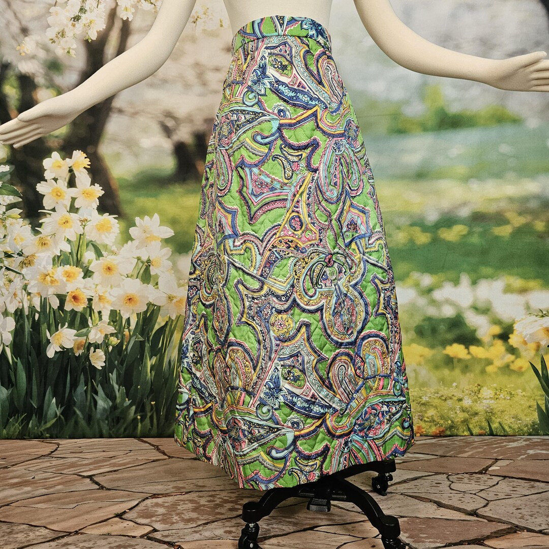 Vintage 1970s Skirt Maxi Floor Length Quilted Spring Green Paisley Back Slit - Etsy | Etsy (US)