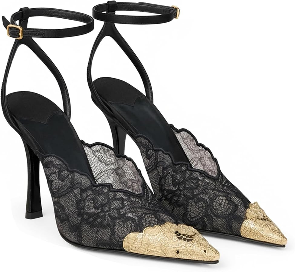 Lace Wedding Shoes for Brdie Comfortable Gold Pointed Toe Stiletto Heels for Women with Buckle An... | Amazon (US)