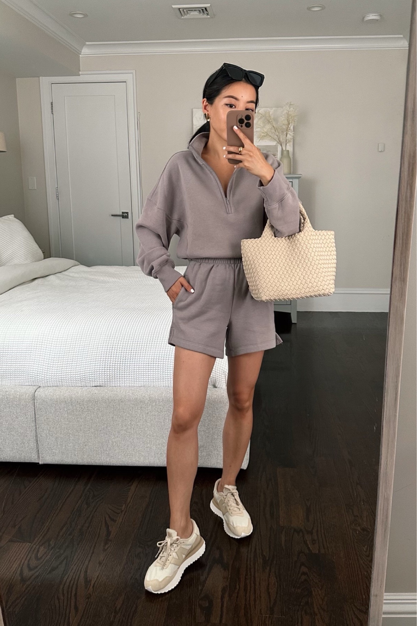 •Half Zip sweatshirt xxs in Taupe - so soft and cozy, this is my favorite cut sweatshirt, relaxed and slightly cropped and super comfy.   •Vintage Sunday shorts xxs - I am wearing xxs but a size up probably would’ve also worked. The XS measures 23.5” at the waist but are very stretchy.   •New Balance 237 sneakers - TTS very light, comfy and on trend with a bright boating platform. I clean mine with a magic eraser sponge   •Naghedi tote bag mini  •$15 sunglasses   #petite athleisure school pickup / errands casual fleece outfit

#LTKSale 

#LTKshoecrush