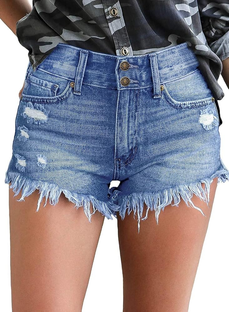 LookbookStore Women's Mid Rise Frayed Ripped Raw Hem Denim Jean Shorts | Amazon (US)