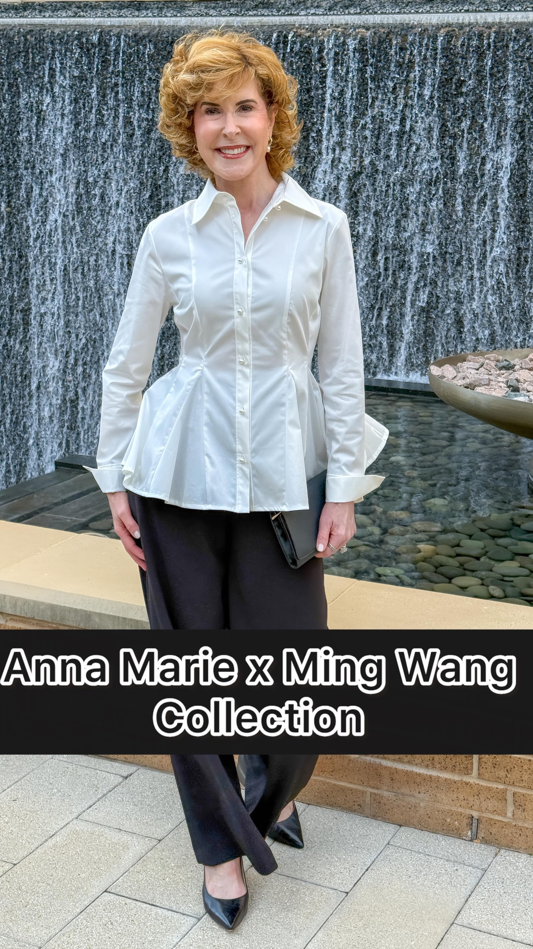 So excited to celebrate my friend Anna Marie (@tornadomom) and her gorgeous limited-edition fashion collection with @mingwangofficial! I’m wearing a chic white blouse with pearl button details and tailored black wide-leg pants. These elegant, versatile pieces are perfect for creating polished, sophisticated outfits for women over 50, whether you’re dressing for work, church, dinner, or a special occasion!