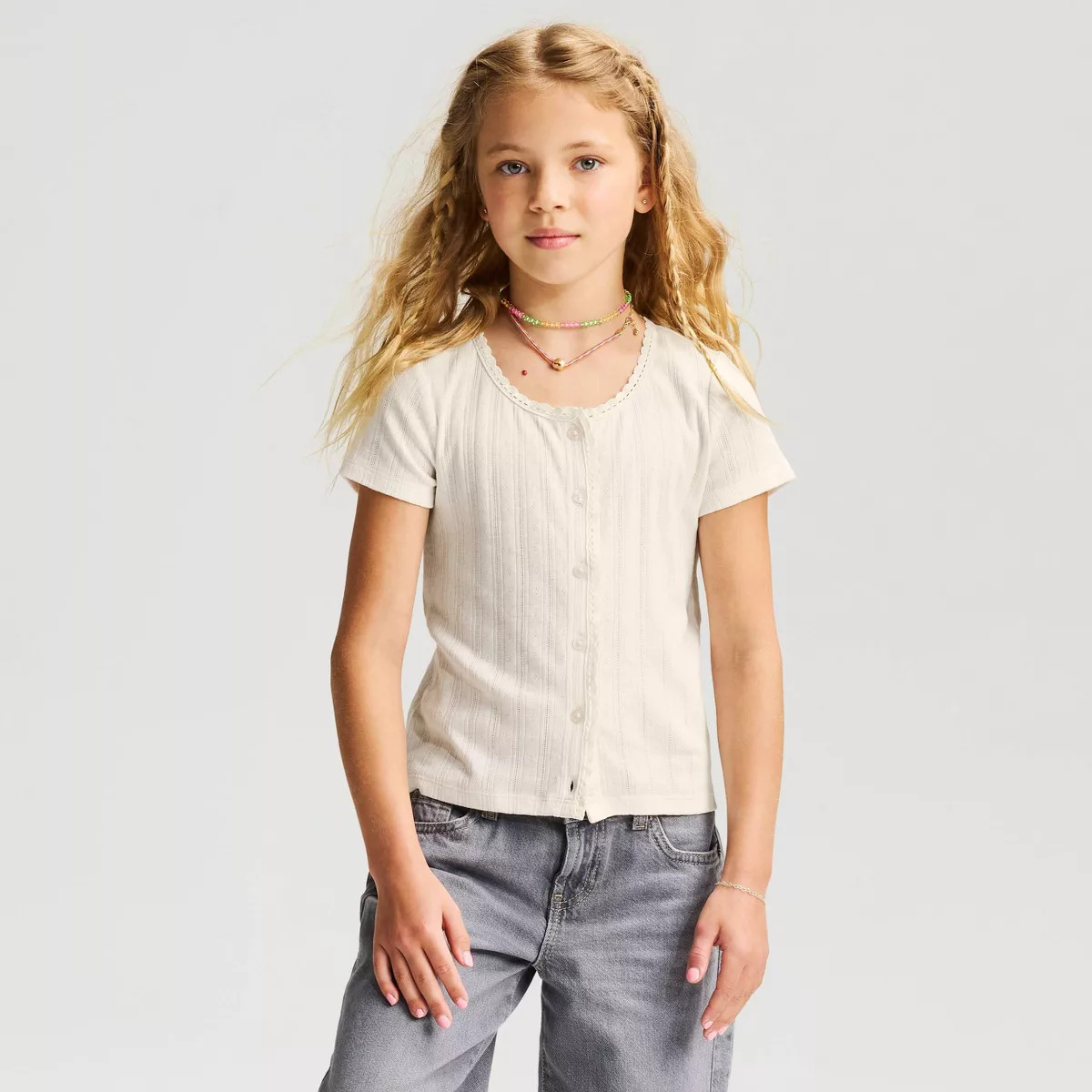 Girls' Short Sleeve Pointelle Lace Trim Button-Down T-Shirt - Cat & Jack\u2122 Cream M | Target