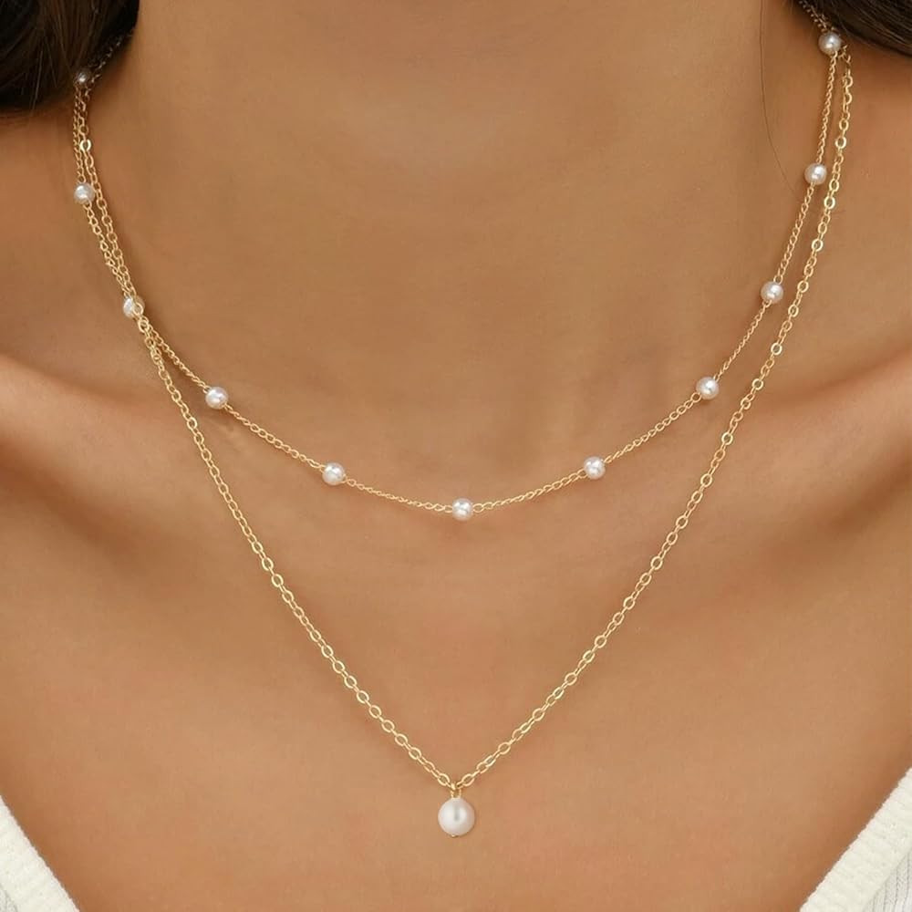 Gold Pearl Necklace for Women, 14K Gold Plated Layered Pearl Necklaces for Women Trendy Simple He... | Amazon (US)
