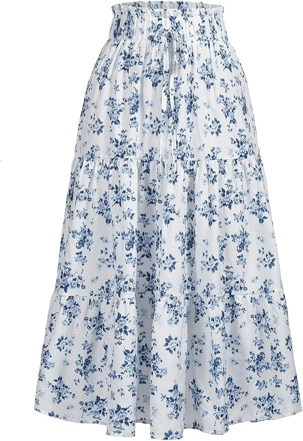 MSLG Women's High Elastic Waist Midi Skirt Casual Summer Trendy Tie Front Flowy Ruffle Floral Pri... | Amazon (US)