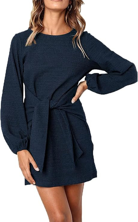 PRETTYGARDEN Women Crewneck Long Sleeve Short Fall Dresses | Elegant Lantern Sleeve, Wrap Tie Wai... | Amazon (US)