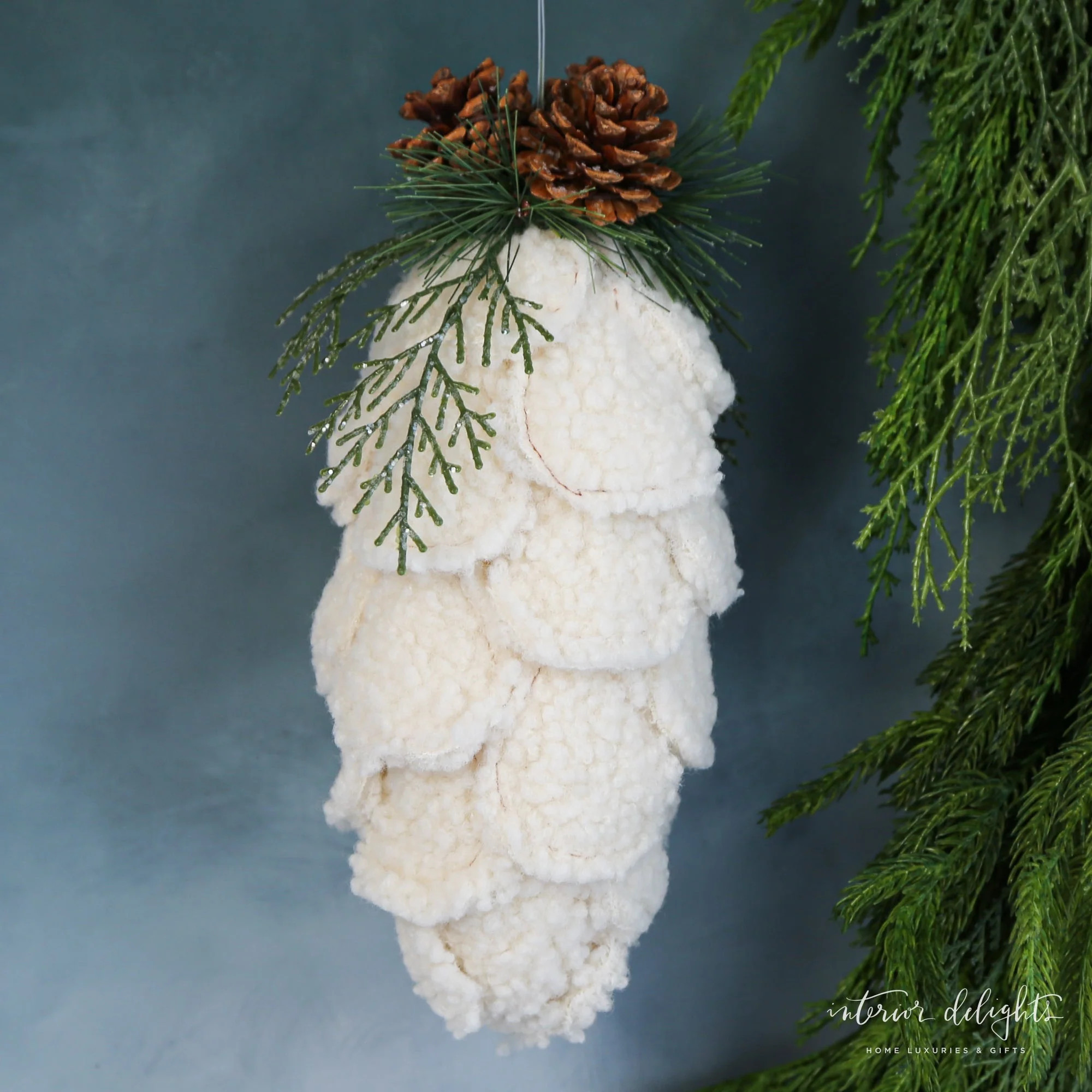 White Fluffy Pinecone Ornament- Individual | Interior Delights