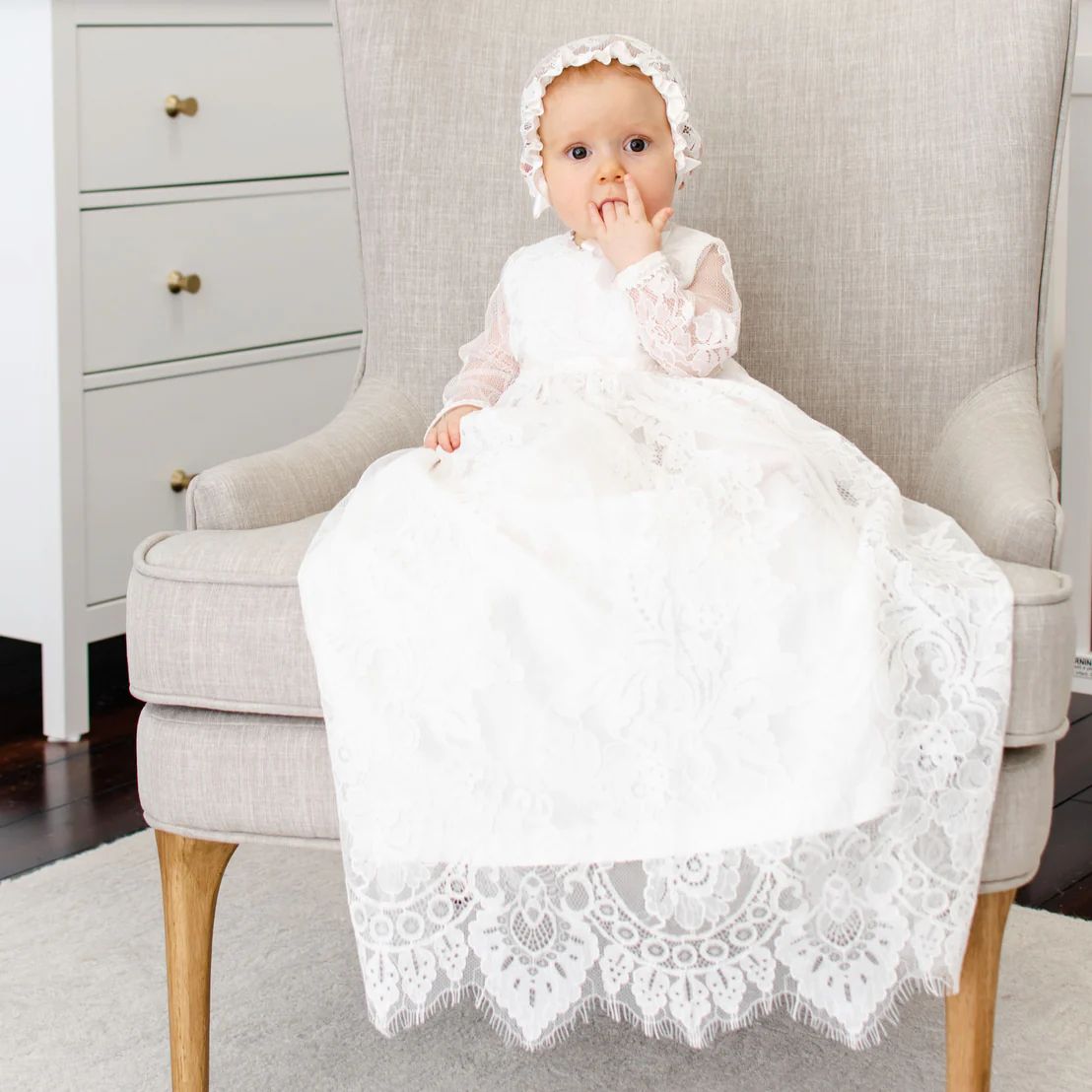 Victoria Long Sleeve Christening Gown & Bonnet | Baby Beau & Belle