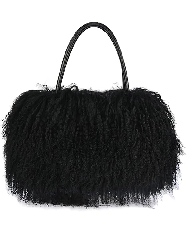 Women Luxury Real Lamb Mongolian Flush Wool Fur With Genuine Leather Handles Handbag | Amazon (US)