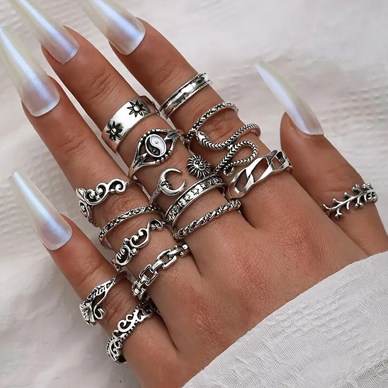 Silvery Sun Moon Snake Leaf Flower Joint Ring 16pcs/Set Vintage Stackable Rings | Temu Affiliate Program