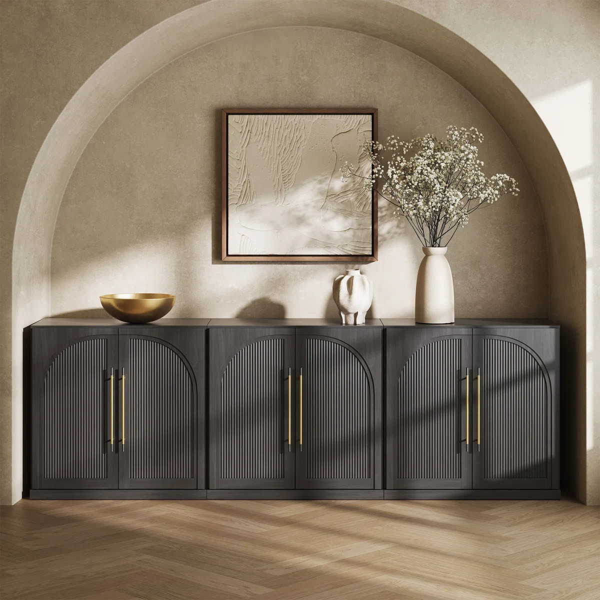 Set of 3 Modular Sideboard with Double-Arc Wood Doors, Ebony (Set of 3) | Wayfair North America
