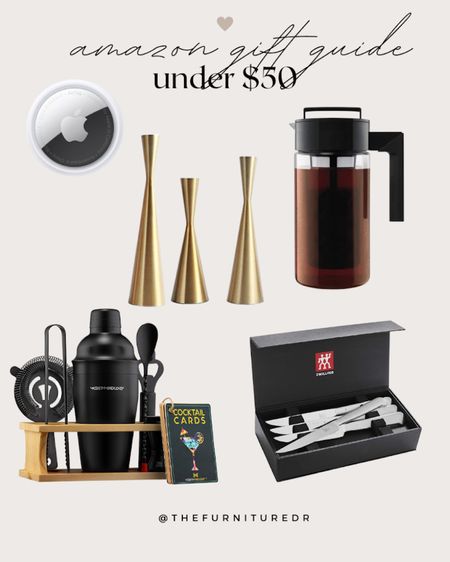 Last minute Amazon prime gifts under $50! Featuring a matte black cocktail set, extremely expensive steak knifes that are currently 75% off! tapered candle holders, a cold brew ice coffee maker and of course, an air tag! Everyone needs an air tag. Order soon so you get your gifts in time for Christmas!! 

#LTKunder50 #LTKGiftGuide #LTKHoliday