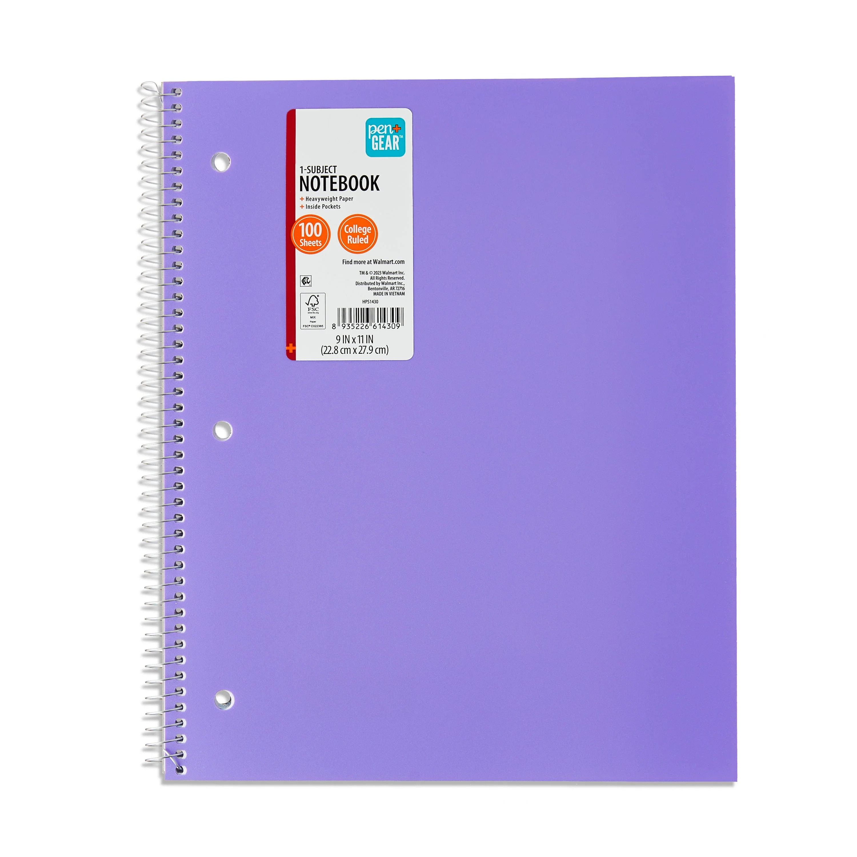 Pen+Gear College Ruled Poly 1-Subject Notebook with Inside Pockets, 9" x 11", Purple, 100 Heavywe... | Walmart (US)
