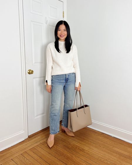 White sweater (XS)
High waisted straight jeans (27P)
Taupe tote bag 
Kate Spade Bleecker tote bag 
Brown pumps  (1/2 size up)
Brown mule pumps
Smart casual outfit 
Winter outfit 
Teacher outfit 
Loft outfit 
Mom outfit

#LTKstyletip #LTKSeasonal #LTKfindsunder100