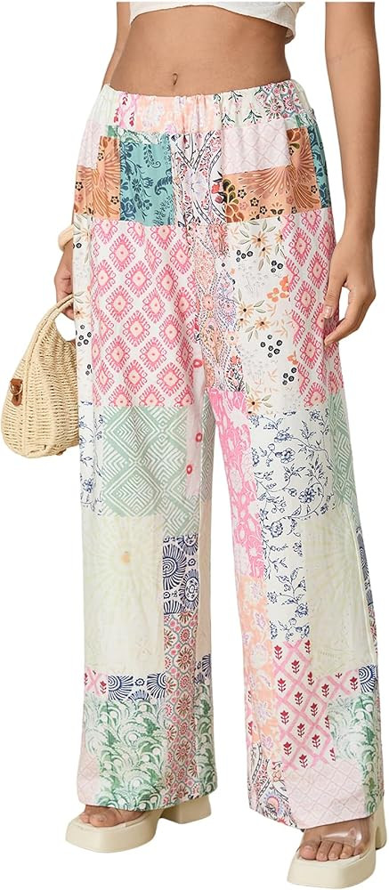 Women's Patchwork Graphic Pant Colorblock High Waisted Straight Leg Boho Pants | Amazon (US)