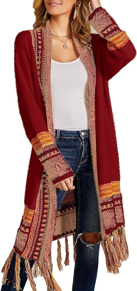 FERBIA Women Boho Cardigan Sweater Long Open Front Maxi Knit Sweaters Aztec Tribal Tassel Fringe ... | Amazon (US)