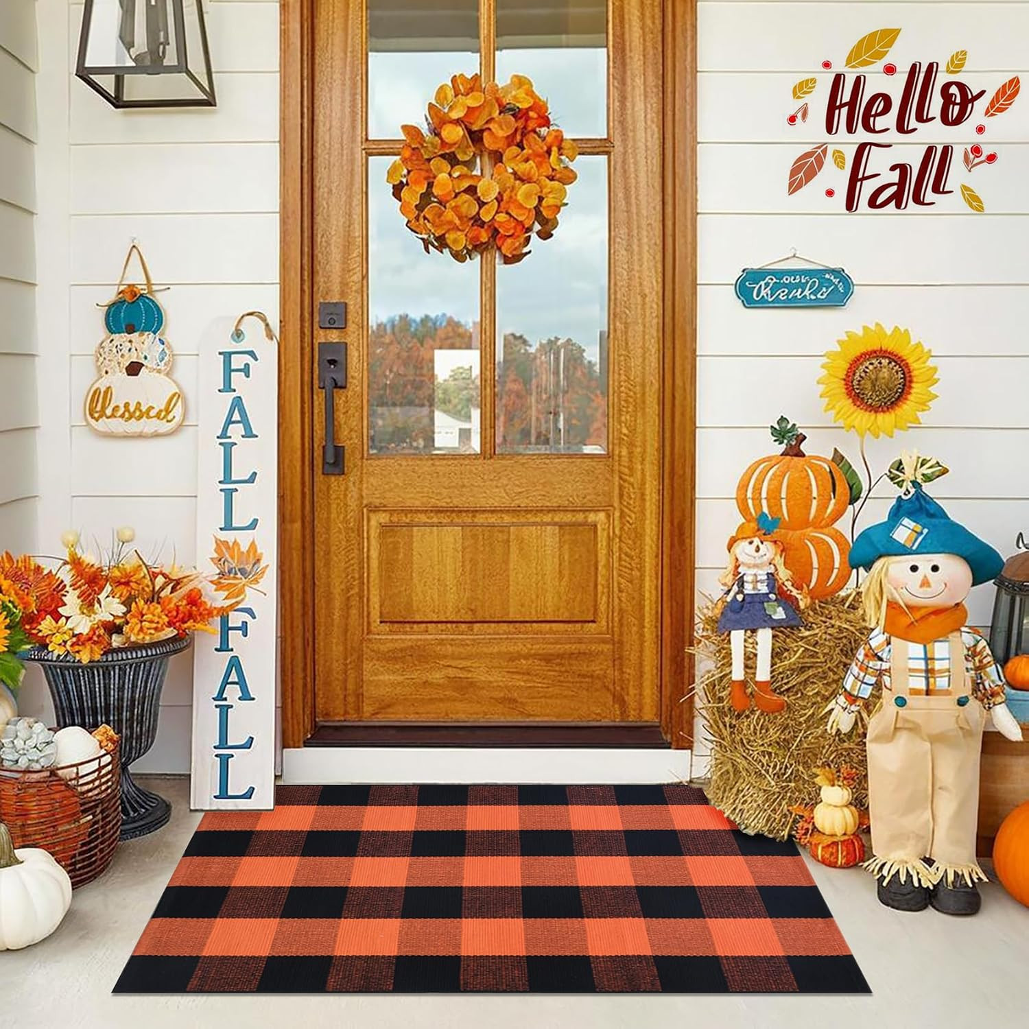 Fall Door Mat Orange and Black Plaid Rugs, 28''x43'' Area Rug Outdoor Indoor Front Porch Doormat Cotton Hand-Woven Layered Door Mats for Entryway Patio Laundry Bedroom Living Room | Amazon (US)