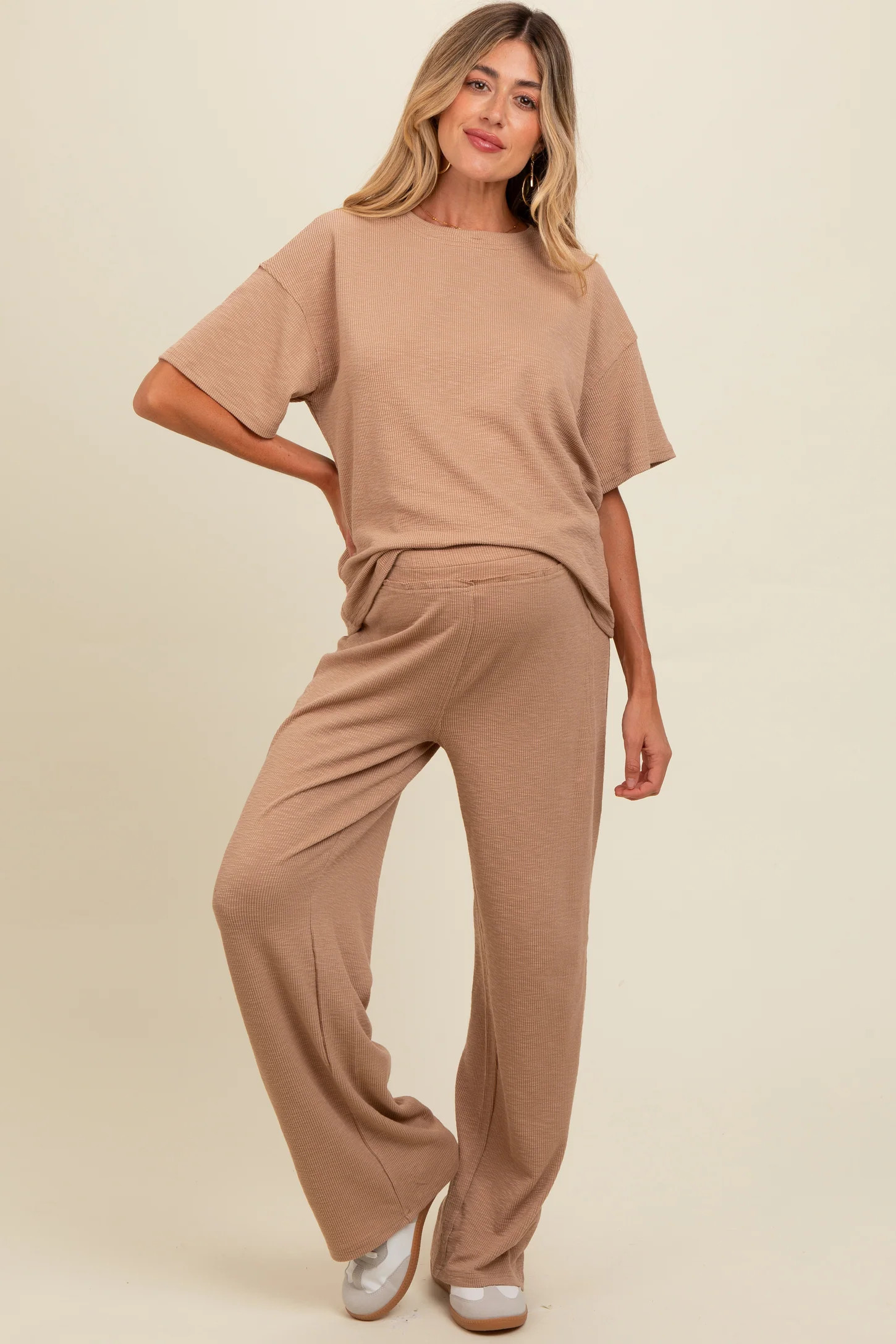Taupe Textured Knit Oversized Tee And Pants Maternity Set | PinkBlush Maternity