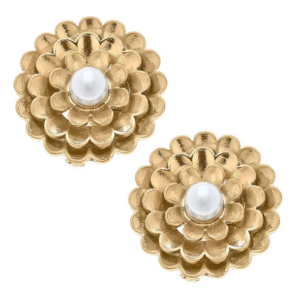 Zinnia Flower Stud Earrings in Worn Gold | CANVAS