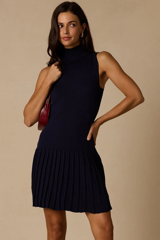 Vanessa Navy Blue Sleeveless Mock Neck Sweater Dress | Lulus