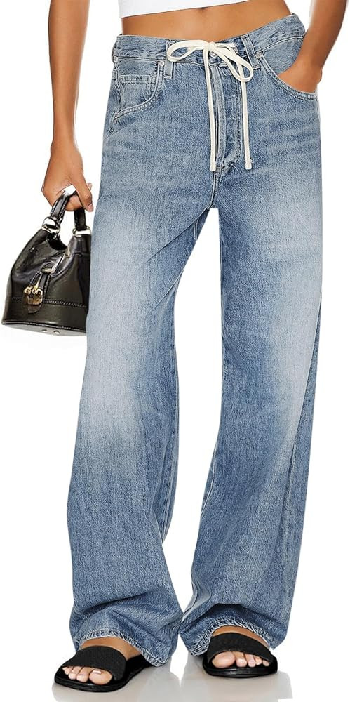 Cicy Bell Womens Wide Leg Jeans Drawstring High Waisted Baggy Straight Leg Jeans Trendy Boyfriend... | Amazon (US)
