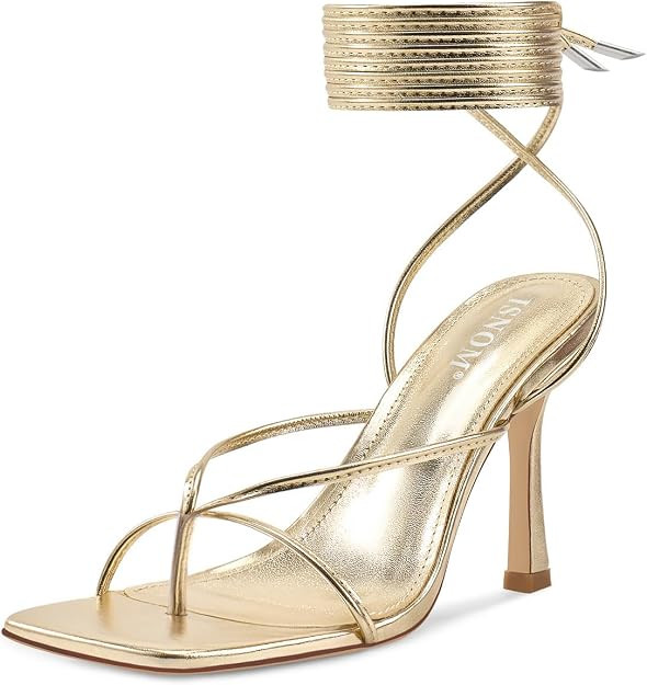 ISNOM Lace Up Heels Sandals for Women - Square Open Toe, Stiletto High Heel | Amazon (US)