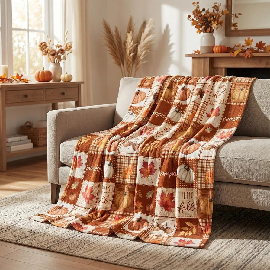 Horaldaily Fall Checked Pumpkin Leaves Flannel Throw Blanket 50x60 | Amazon (US)