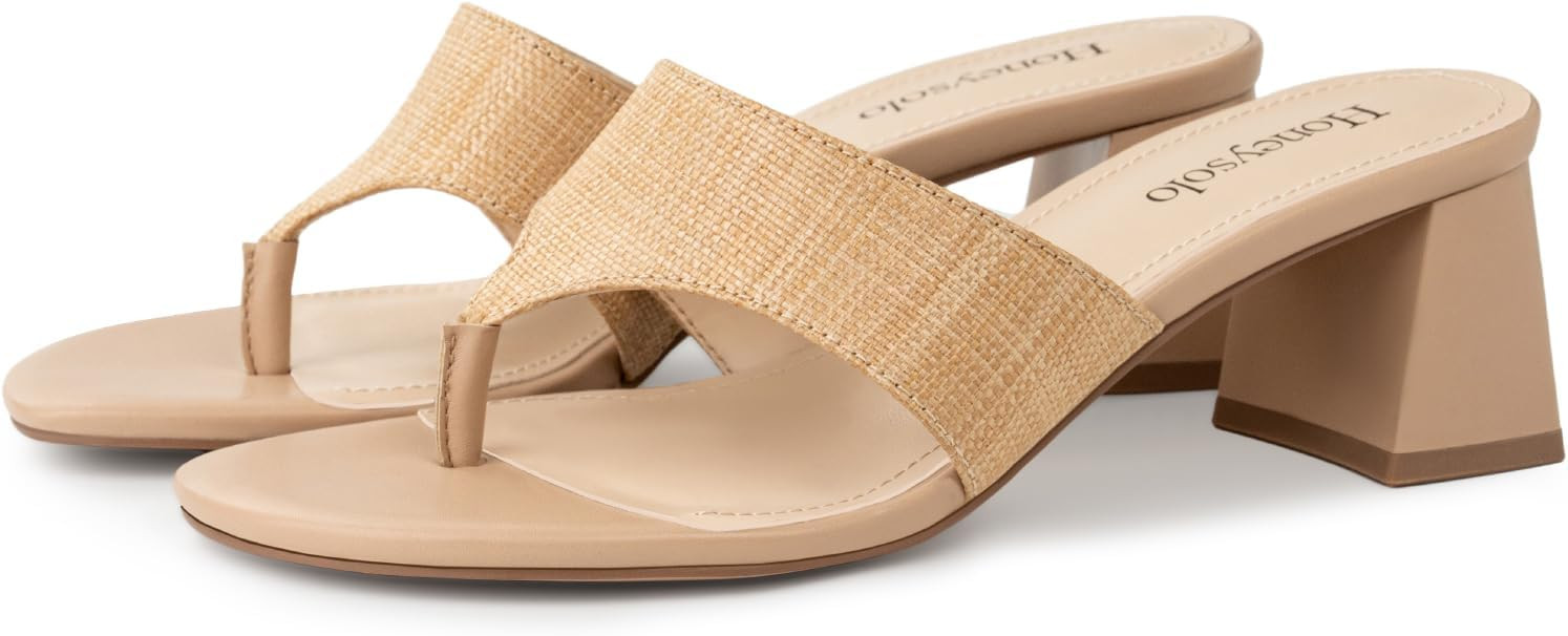 Raffia Block Heel Sandals for Women Square Open Toe Flip Flops Comfortable Low Heels Fashion Part... | Amazon (US)