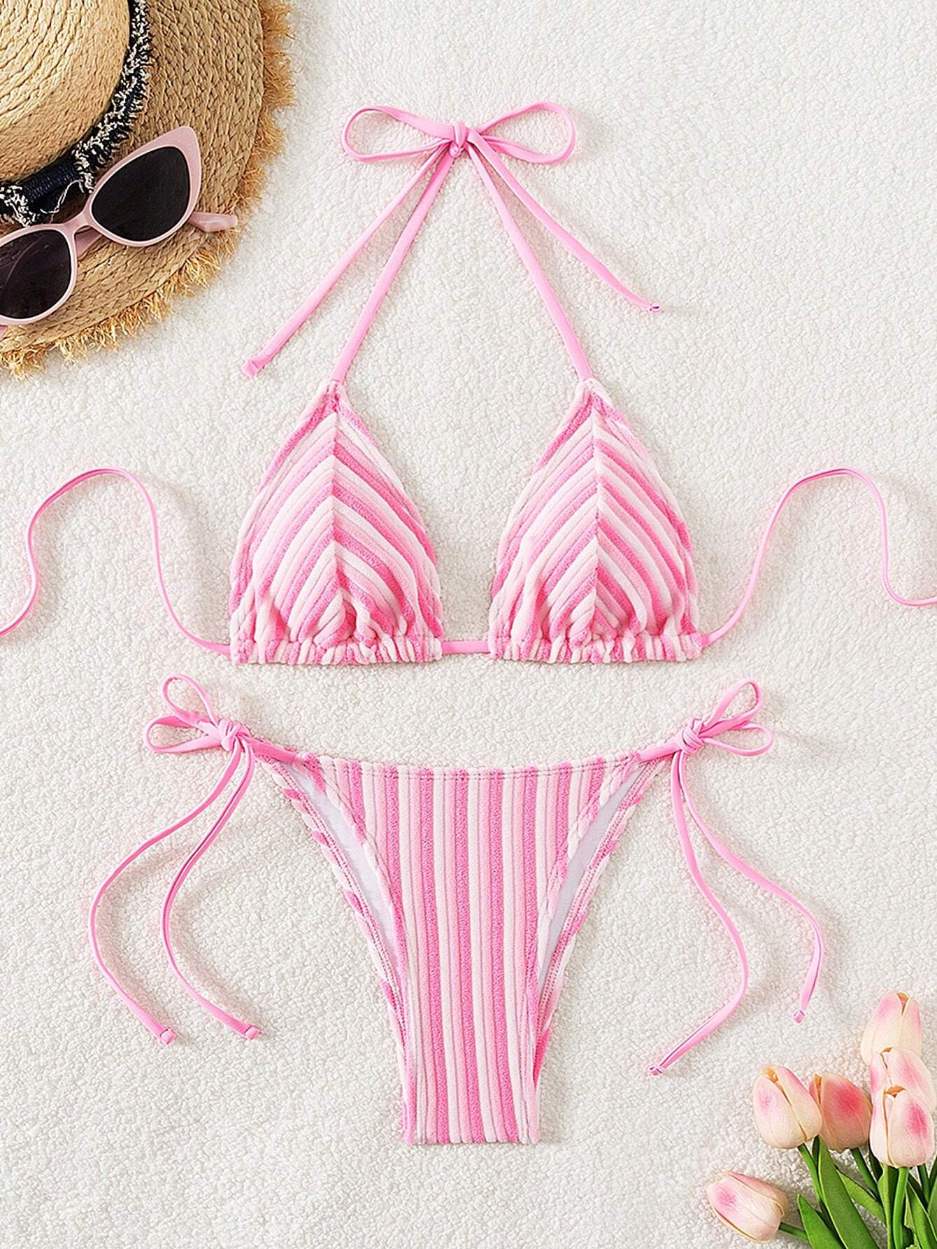 New Arrival Towel Cloth Halter Backless Cute Bikini Set With Lady Beachwear Strap For Summer | SH... | SHEIN